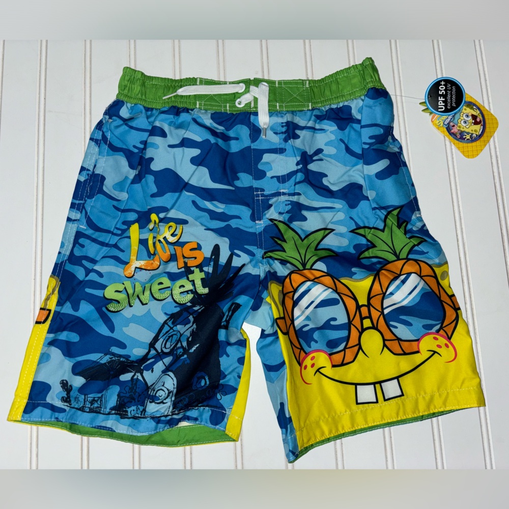 Nickelodeon Blue Camoflauge SpongeBob Boy’s Swim Trunks Bathing Suit Size S 6/7